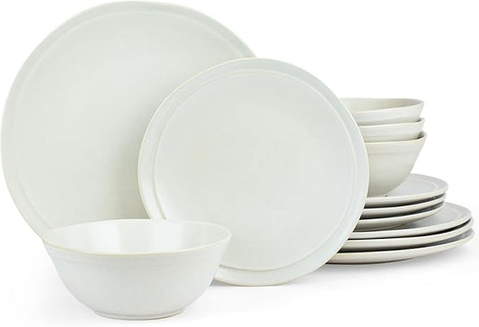 Famiware Aegean Dinnerware Set for 4, Plates and Bowls Sets, 12-Piece Stoneware Scratch Resistant Dinner Set, Handmade Irregular Round Dishes, Microwave and Dishwasher Safe, Matte White