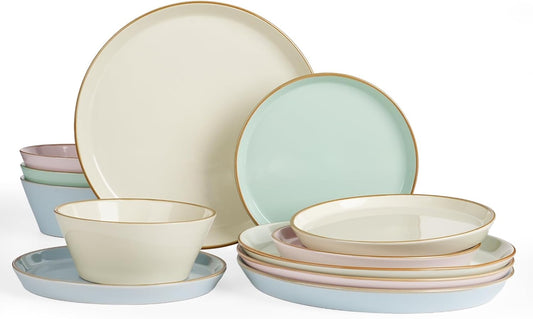 Famiware Saturn Dinnerware Sets, Plates and Bowls Sets for 4, 12 Pieces Stoneware Dish Set - Chip and Scratch Resistant, Microwave and Dishwasher Safe Tableware Set, Multi-color with Rim