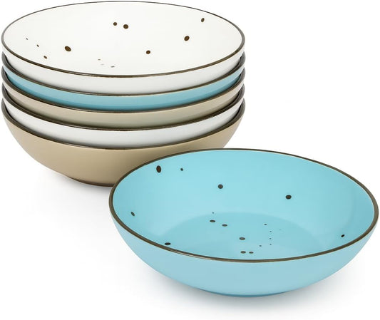 Esfour 8 Inch Porcelain Pasta Bowl, 23.6 Ounce Salad Bowls, Microwave & Dishwasher Safe, Sturdy & Stackable, Set of 6 Ceramic Bowl Plate Set, Wide Shallow Salad Bowls, Natural Assorted Colors