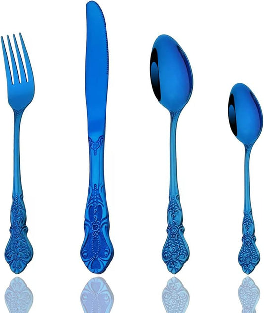 JASHII 4-Piece Blue Cutlery Set Silverware Set, Mirror Polished, Stainless Steel Flatware Cutlery Eating Utensils Service for 1, Unique Elegant Pattern, Dishwasher Safe (Blue)