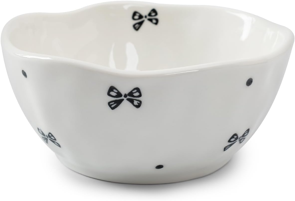 Koythin Ceramic Cereal Bowl, Cute Flowers Pattern Kitchen Bowls for Cereal, Salad, Pasta, Soup, Dessert, Serving, Home Decor, Microwave and Dishwasher Safe (Black Bow)