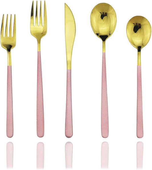 JASHII 20-Piece SUS304 Stainless Steel Flatware Set, Mirror Polishing Dinnerware Set Service for 4, Knife/Fork/Spoon/Dessert Spoon/Dessert Fork (Pink gold)