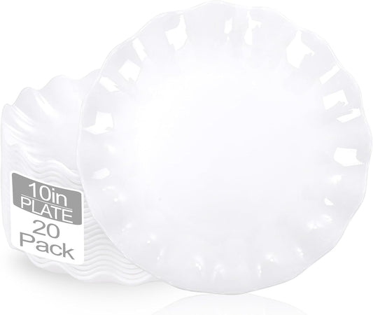LIYH 20 Pcs 10 Incn White Scalloped Plastic Plates Reusable - Unbreakable Plastic Dinner Plates Camping Outside Plate Dishwasher Safe for Wedding Parties Birthdays Picnics - BPA Free