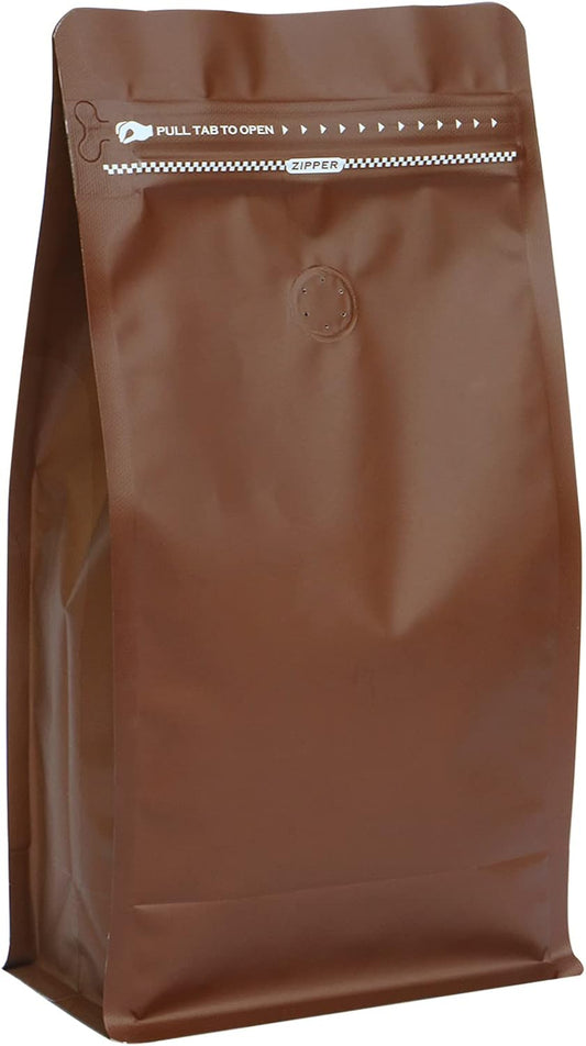 REMTAP Coffee Bags with Valve(50pcs,16 oz) Brown High Barrier Aluminumed Foil Flat Bottom Standing Coffee Beans Storage Bags,Reusable Heat Sealable Side Zipper Pouches for Home or Store