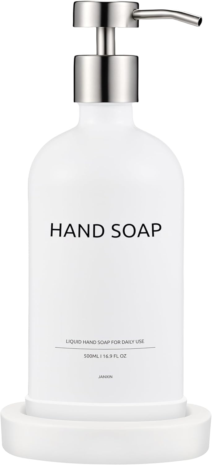 Glass Soap Dispenser Set by Janxin,Bathroom Soap Dispenser Set with Ceramic Tray,Luxury Bathroom Accessories,Modern Kitchen Decor (White+Silver(Hand Soap))