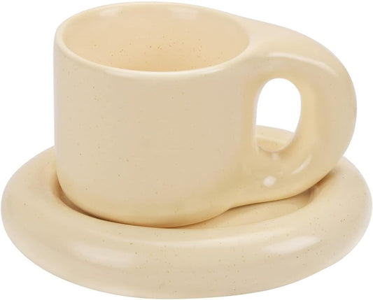 Koythin Ceramic Coffee Chubby Mug Saucer Set, Creative Cute Fat Handle Cup with Saucer for Office and Home, Dishwasher and Microwave Safe, 10 oz for Latte Tea Milk (Milky Apricot)