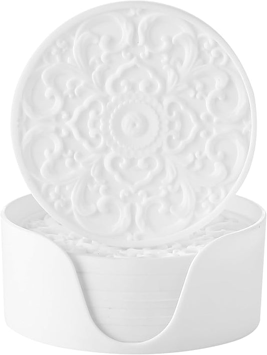 Colinda Silicone Coasters - Set of 6 with Holder, Non-Slip Cup Mats for Hot and Cold Drinks, Decorative Designs, Gift Ready Packaging, White
