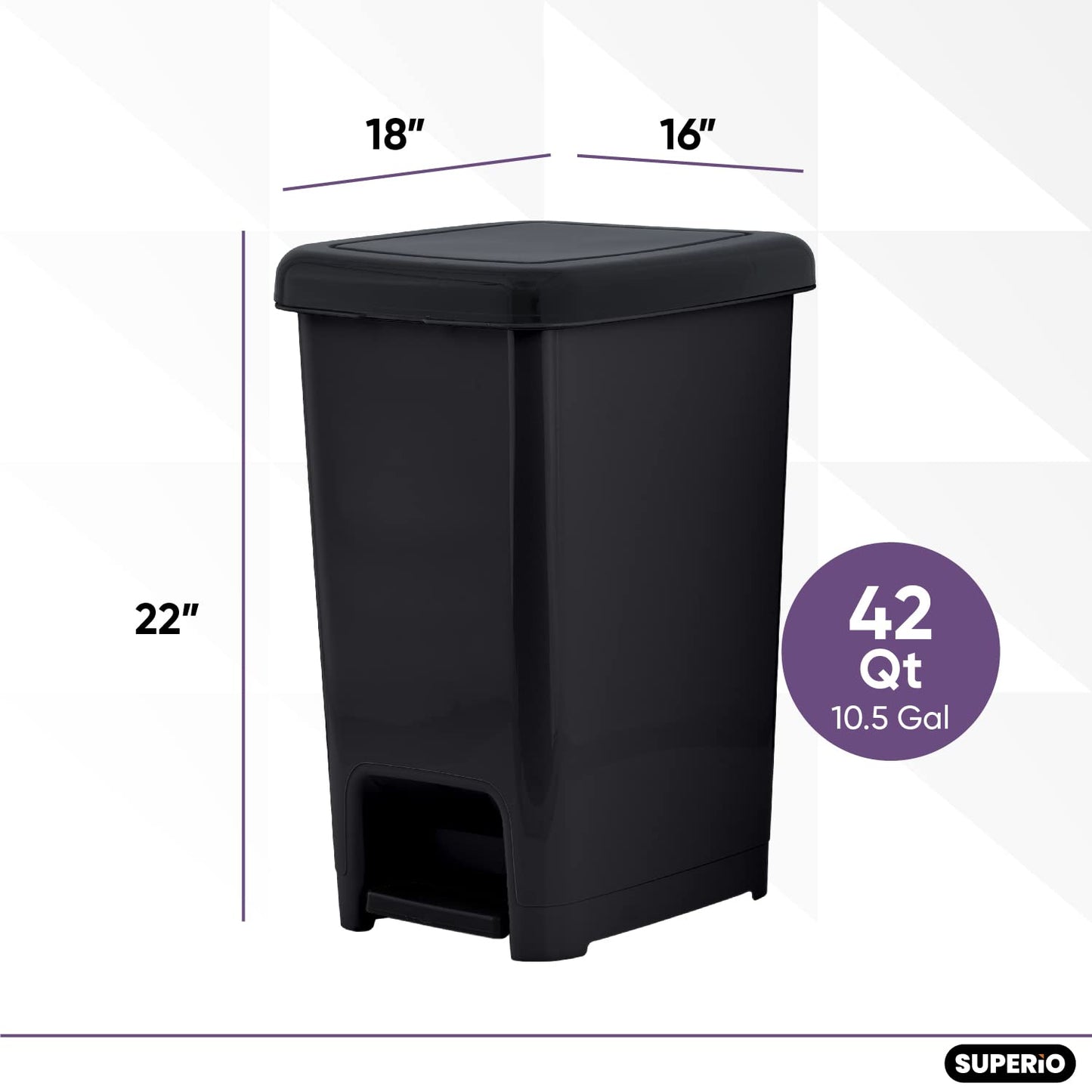 Superio Slim Trash Can with Foot Pedal – 10.5 Gallon Step-On Trash Can with Lid, Large Plastic Garbage Can, Trashcan for Bathroom, Kitchen, Office, Bedroom, Dorm Room, Patio, – Black