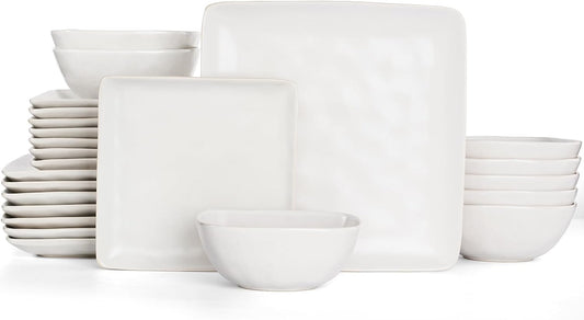 Famiware Dinnerware Sets for 8, Ocean Square 24-Piece Kitchen Plates and Bowls Sets, Microwave and Dishwasher Safe, Scratch Resistant, Matte White