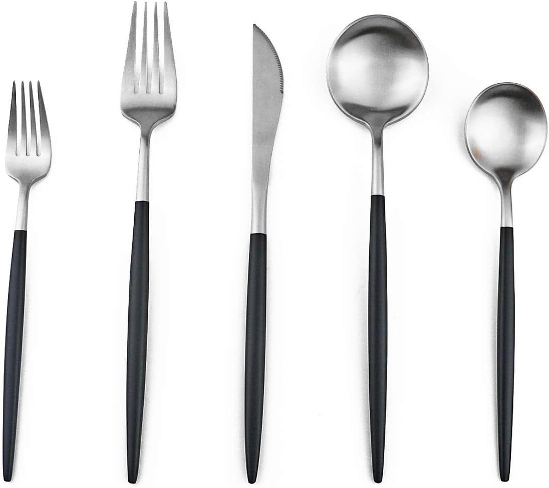 Gugrida Luxury Flatware, Royal 20 Piece Matte Black Handle 18/10 Stainless Steel Tableware Sets for 4 Including Forks Spoons Knives, Camping Silverware Travel Utensils Set Cutlery (Black Silver)