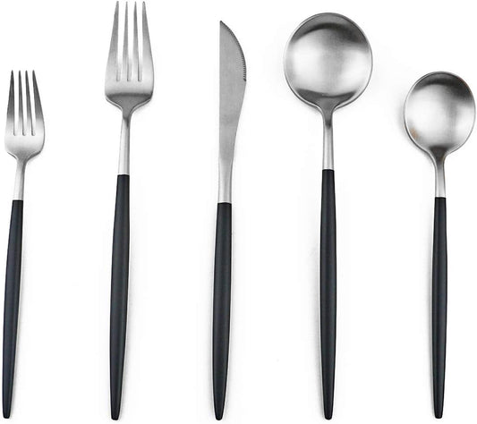 Gugrida Luxury Flatware, Royal 5 Piece Matte Black Handle 18/10 Stainless Steel Tableware Sets for 1 Including Forks Spoons Knives, Camping Silverware Travel Utensils Set Cutlery (Black Silver)