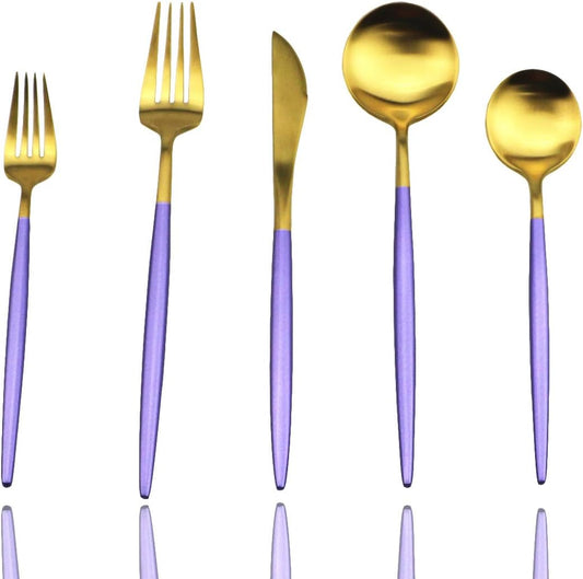 JASHII Silverware Sets, 5-Piece Purple Flatware 18/10 Stainless Steel Heavy Weight Forged Cutlery Eating Utensils Forks Spoons Knives Set Tableware Service for 1 Matte Finished (Purple & Gold)