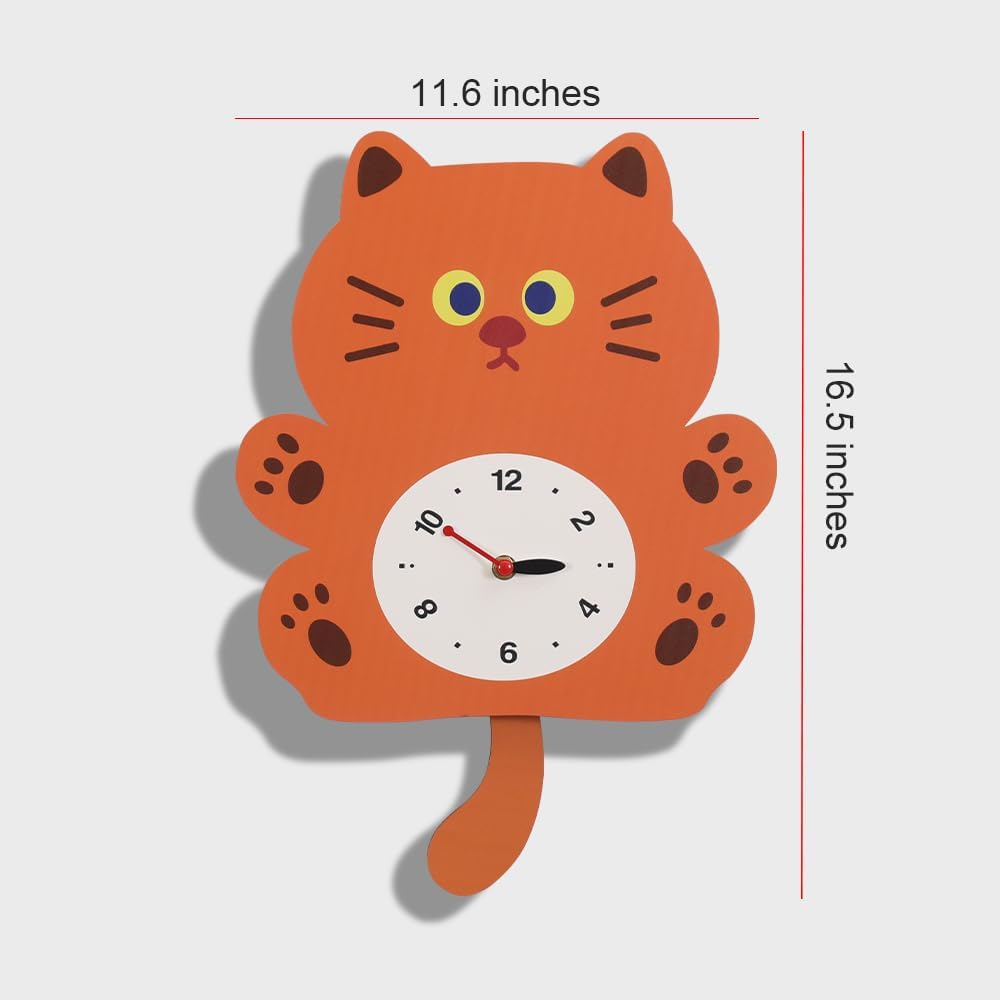 Cute Cat Swing Wall Clock with Wagging Tail - Adorable Cartoon Animal Design, Silent Non-Ticking Pendulum Clock for Kids Room, Nursery, Home Decor, for Cat Lovers (YBZ001-Brown)