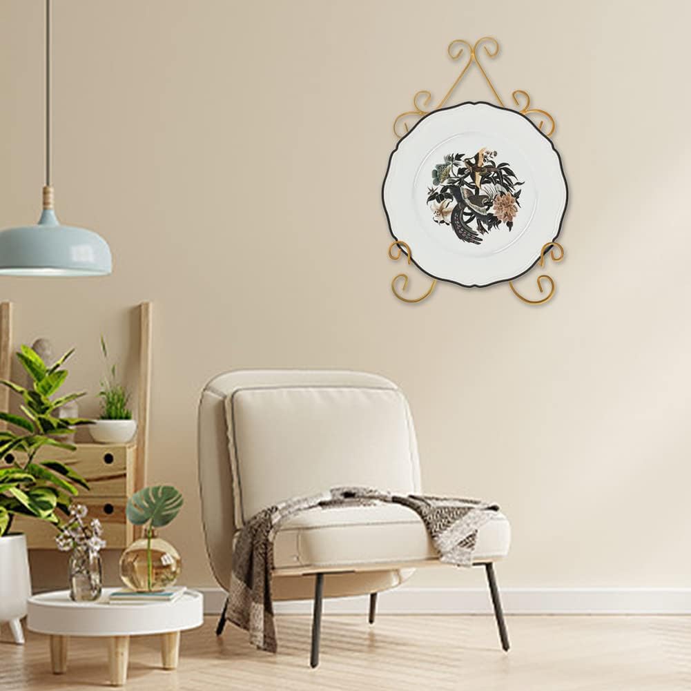 YY YEARCHY Plate Stand Holder for Wall Hanging Display Rack Art Hanger Metal Easel Photo Holder Books Bowls Platters (Yellow, 6 inches/9.84" x 6.3" x1.2")