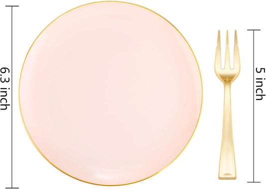 Festiva 200Pcs Pink Gold Cake Plates 6.3" with Forks 5"- Disposable Salad Plates-Pink Dessert Plates-Appetizer Plastic Plates - include 100Plates 100Forks for Party&Wedding&Easter&Mother's Day