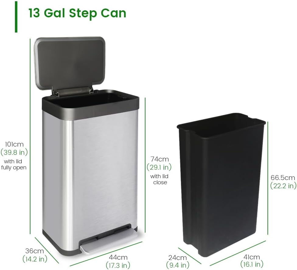 50 Liter / 13 Gallon Trash Can, Fingerprint Proof Stainless Steel Kitchen Trash Can with Removable Inner Bucket, Pedal Rubbish Bin for Home Offices and Public Areas