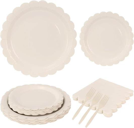 96 Pcs Ivory Plates and Napkins Party Supplies Serve 24 Guests Including Baby Ivory Scalloped Paper Plates and Napkins Plastic Forks for Baby Shower Birthday Party Disposable Dinnerware Set