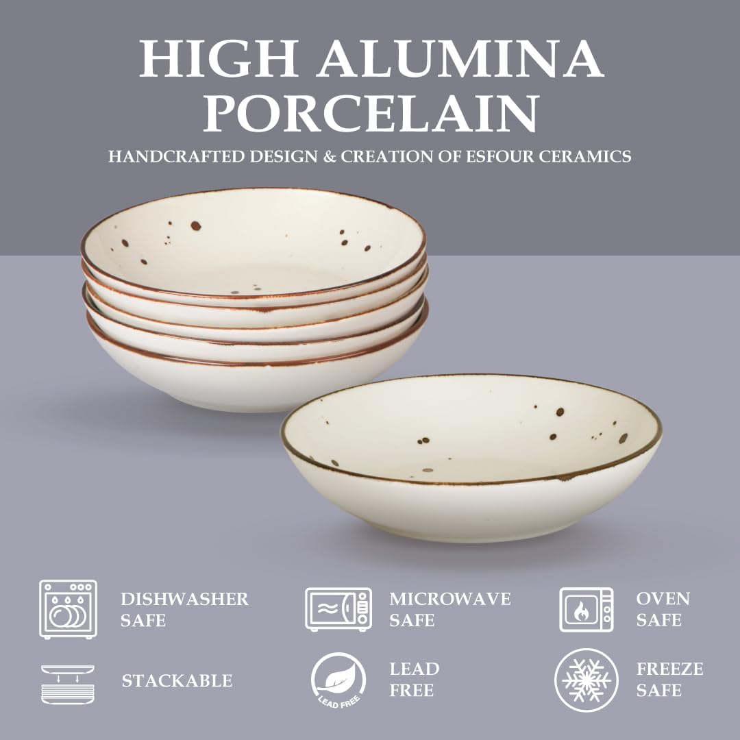 Esfour 8 Inch Porcelain Pasta Bowl, 23.6 Ounces Salad Bowls, Microwave & Dishwasher Safe, Sturdy & Stackable, Set of 6 Ceramic bowls Plates Set, Wide Shallow salad Bowls Set, Classic Assorted Colors