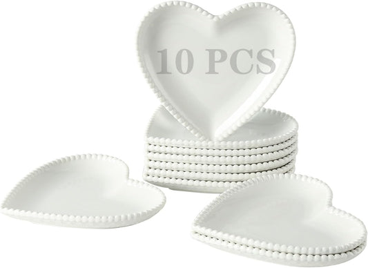 OMAYKEY 6.3 Inch Ceramic Dessert Plates Set of 10, Small Salad Plates, Porcelain Heart Shaped Appetizer Plates, Dinner Plates for Cake, Snack, Ice Cream, Microwave, Oven, Dishwasher Safe, White