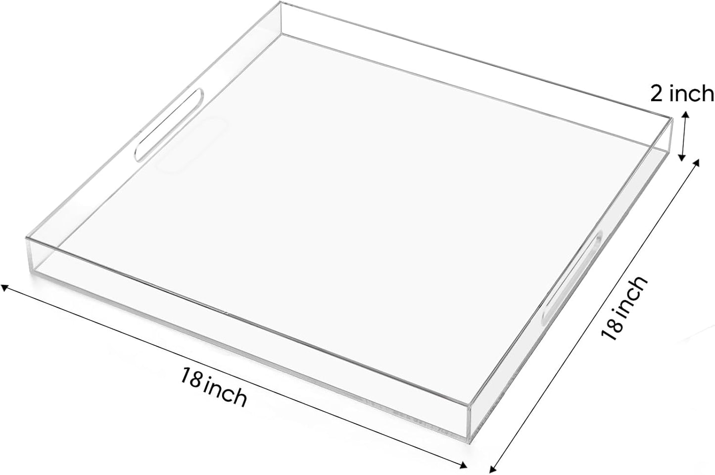 18×18 inches Oversized Clear Acrylic Ottoman Tray Extra Large Decorative Tray Spill-Proof Serving Trays with Handles King-Size Safe Edge Organizer for Coffee Table Countertop Breakfast
