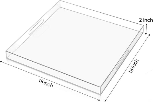 18×18 inches Oversized Clear Acrylic Ottoman Tray Extra Large Decorative Tray Spill-Proof Serving Trays with Handles King-Size Safe Edge Organizer for Coffee Table Countertop Breakfast