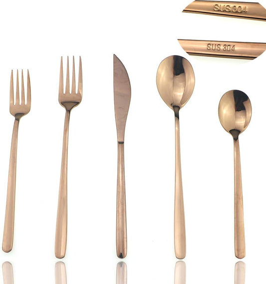 JASHII Mirror Polished Rose Gold 20-Piece SUS304 Stainless Steel Flatware Set,Silverware Set Dinner Knife Fork Spoon Dessert Fork Salad Spoon Service for 4
