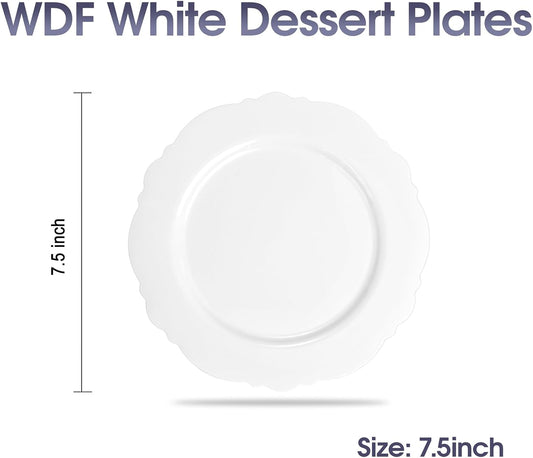 WDF 60pcs White Plastic Dessert Plates -7.5inch Baroque White Disposable Appetizer/Small Cake/Salad Plates- for Upscale Parties & Wedding