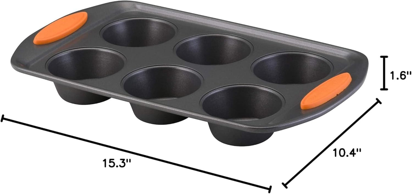 Rachael Ray Yum-o! Nonstick Bakeware Oven Lovin’ Cups Muffin Pan, 6-Cup, Gray with Orange Handles