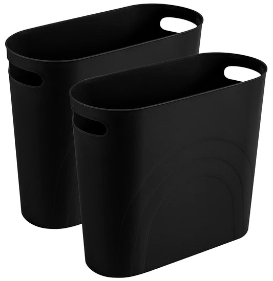 rejomiik Small Trash Can, Slim Garbage Can Plastic Waste Basket with Handles 3.5 Gallon Container Bin for Narrow Spaces Bathroom, Bedroom, Kitchen, Office at Home, 2 Pack Black