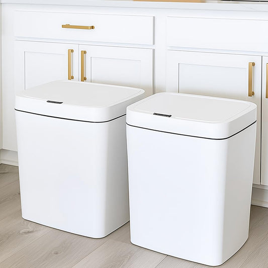 Two white smart sensor trash cans with a capacity of 4 gallons, supporting multiple opening methods, waterproof design, anti odor design, fast response, suitable for kitchens,bedrooms,offices, etc