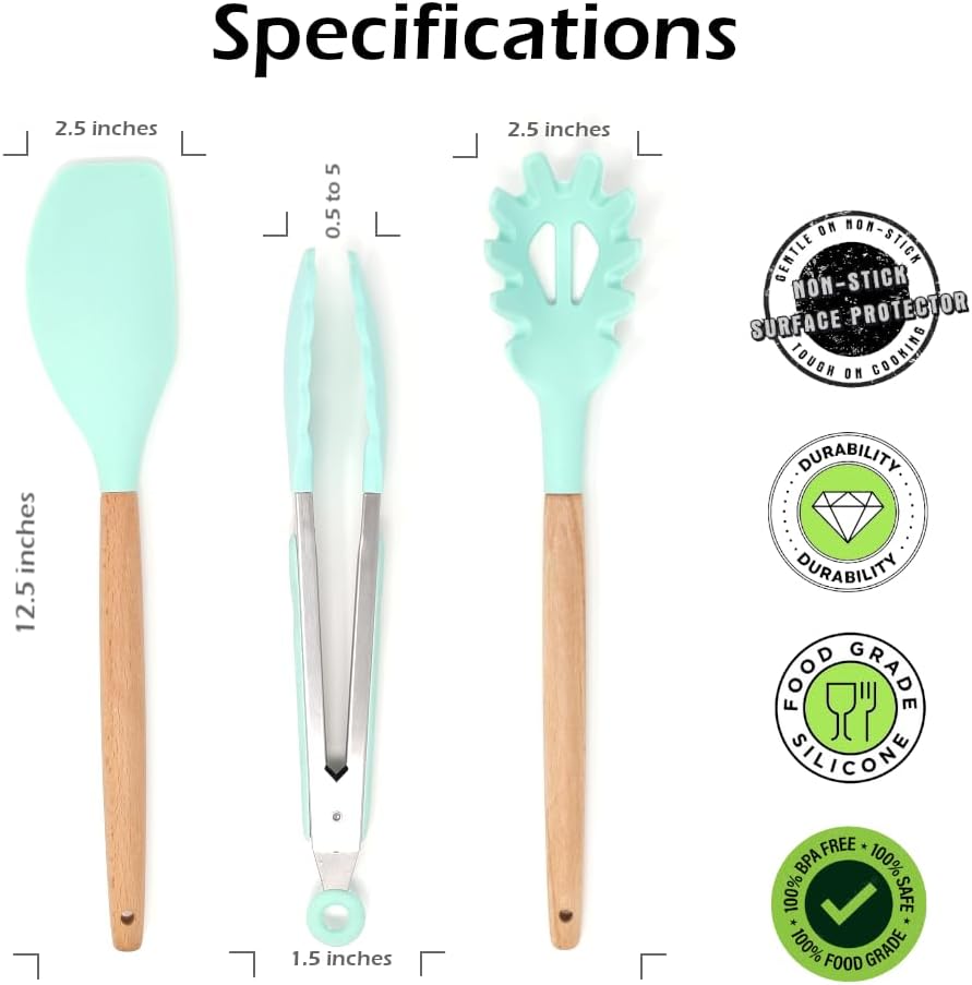 3-Piece Silicone Kitchen Utensil Set - 10" Stainless Steel Tongs, 12.5" Silicone Spatula & Spaghetti Spoon, Heat-Resistant to 500°F, Wood Handles, Non-Scratch, Hanging Loop (Green)