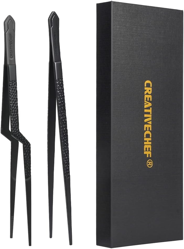 CREATIVECHEF Chef Tweezer Tongs, Professional Kitchen Tweezers, Precision Tweezer Tongs for Cooking, BBQ, Plating, Stainless Steel, Black (2)