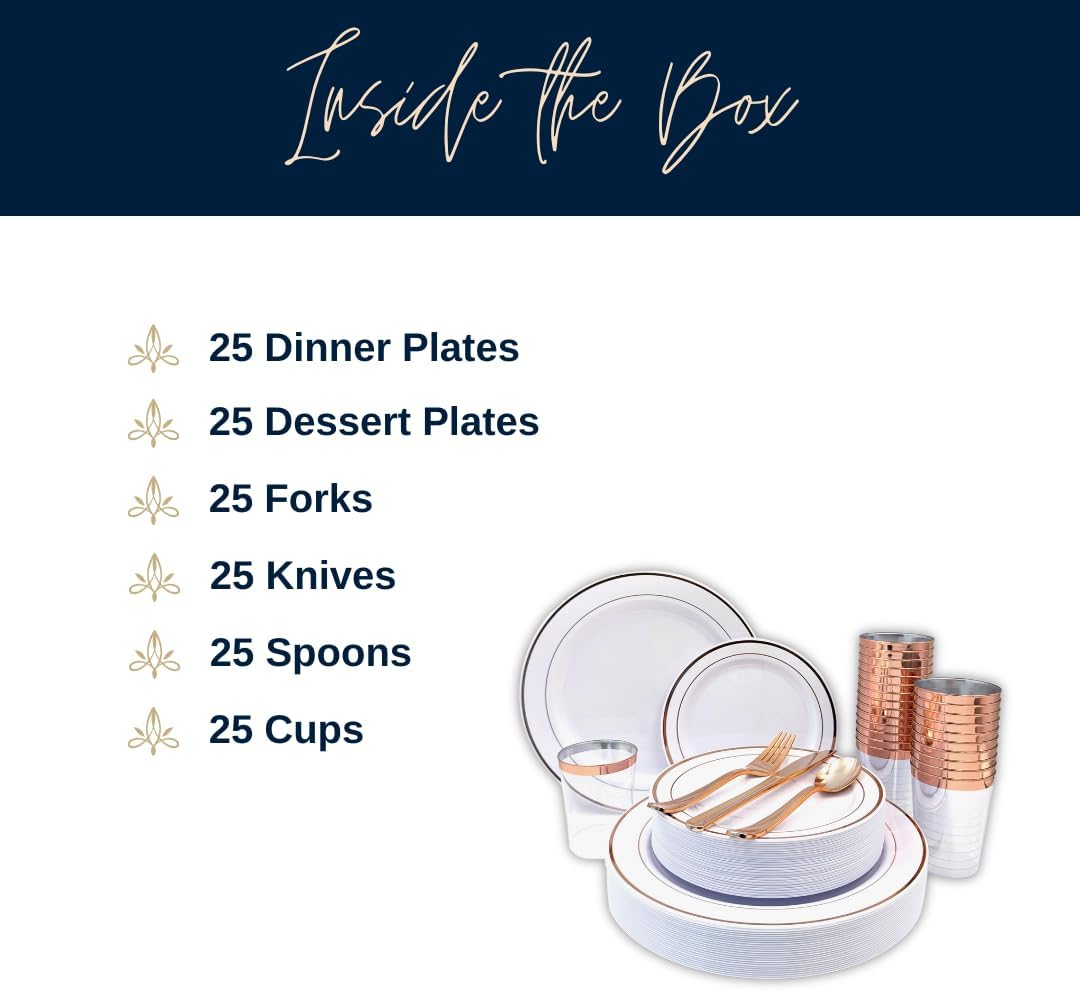 Tableware Dinnerware Set, Premium Heavyweight, Reusable or Disposable Party Plates, Includes Dinner Plate, Dessert Plate, Cutlery, and Cup (Rose Gold, 150-Piece Set, Serves 25 Guests)