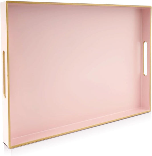 Gifturbo Pink Large Serving Tray with Handles，Rectangular Plastic Elegant Decorative Coffee Table Tray for Ottoman, Living Room, Bathroom, Home Decor, Vanity Trays with Gold Trimming, 15.7” x 11.8”