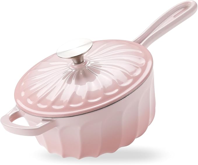 Enameled Cast Iron Sauce Pan, 2 Quart Enameled Saucepan with Lid, Mini Dutch Oven Enamel Saucepan for Cooking Pasta Sauce, Gravy, Puddings, Marinate, Boiling (Gradient Pink)