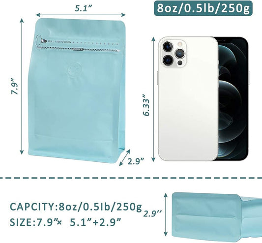 REMTAP Coffee Bags with Valve(50pcs,8oz) Blue High Barrier Aluminumed Foil Flat Bottom Standing Coffee Beans Storage Bags,Reusable Heat Sealable Side Zipper Pouches for Home or Store