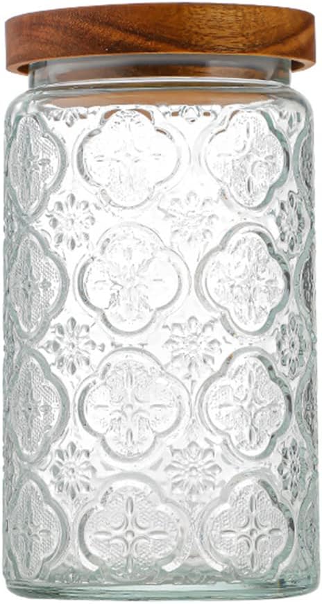 ANSQU Vintage Glass Storage Jar, Glass Canister Storage Jar Container with Airtight Wooden Lid for Kitchen Counter, Pantry, Coffee, Tea, Sugar, Cookie Jars (Round-Begonia)