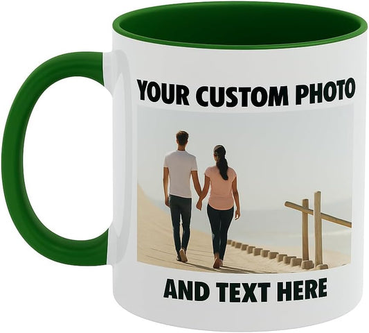Personalized Coffee Mug | Custom Photo, Text, or Logo Cup (11oz, Forest Green Rim, Inner, and Handle) |Dishwasher & Microwave Safe |Unique Gift for Men & Women –Taza Personalizada