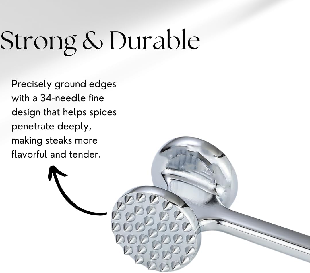 Professional Meat Tenderizer Mallet, Double-Sided, Stainless Steel, 8.6" Length, Heavy Duty Kitchen Tool for Steak, Beef, Chicken