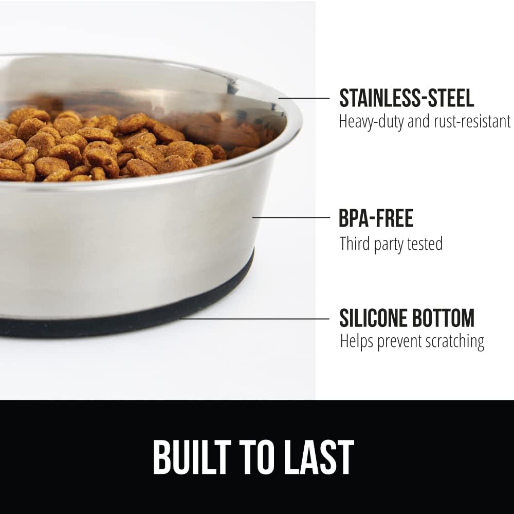 GORILLA GRIP Set of 2 Dog Bowls, Heavy Duty Metal Food and Water Bowl for Feeding Dogs and Cats, Dishwasher Safe, Rust Resistant Stainless Steel, BPA Free Rubber Base, Holds 2 Cups (16 fl oz), Black