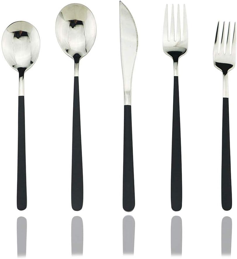 JASHII 20-Piece SUS304 Stainless Steel Flatware Set, Mirror Polished Black Silver Silverware Set Dinner Knife Fork Spoon Dessert Fork Salad Spoon Service for 4.(Black silver)