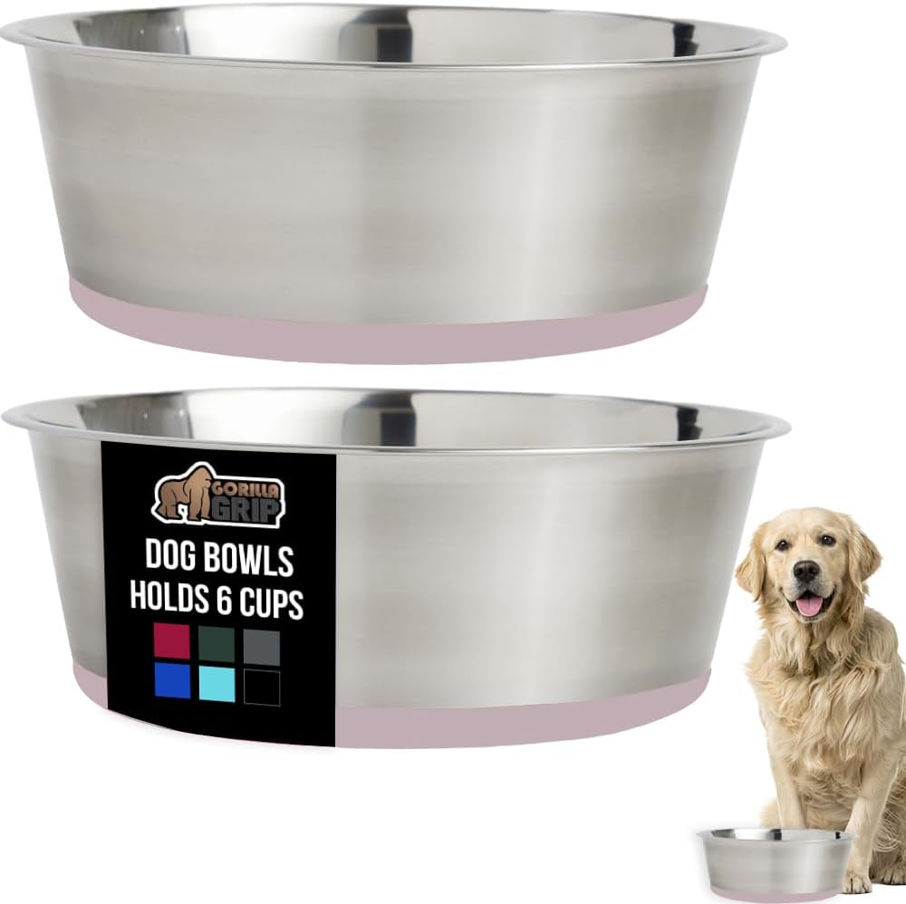 GORILLA GRIP Set of 2 Dog Bowls, Holds 6 Cups (48 fl oz), Heavy Duty Metal Food and Water Bowl for Feeding Dogs and Cats, Dishwasher Safe, Rust Resistant Stainless Steel, BPA Free Rubber Base, Lt Pink