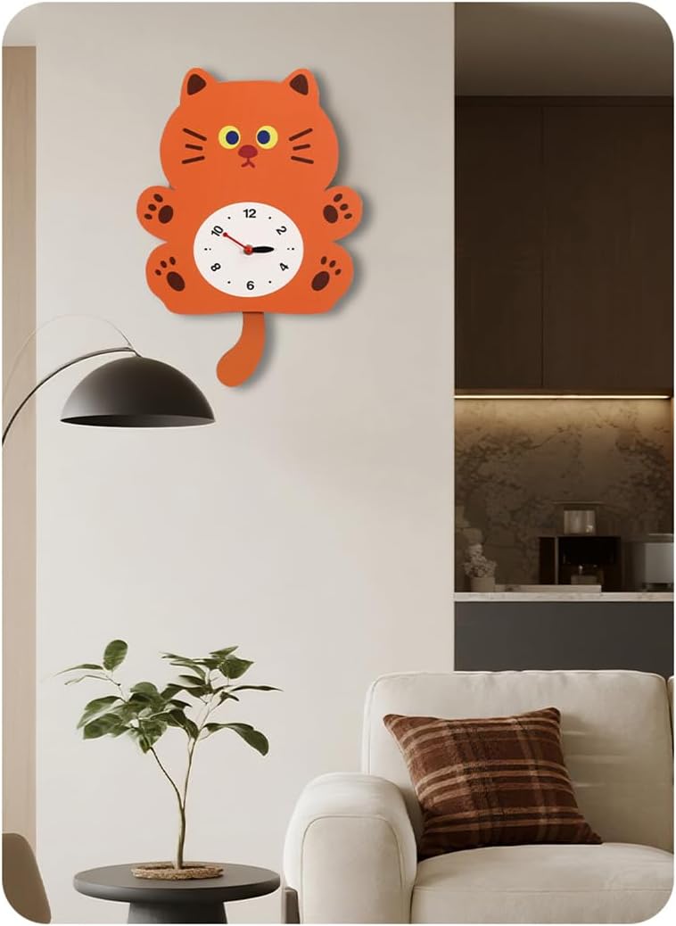 Cute Cat Swing Wall Clock with Wagging Tail - Adorable Cartoon Animal Design, Silent Non-Ticking Pendulum Clock for Kids Room, Nursery, Home Decor, for Cat Lovers (YBZ001-Brown)