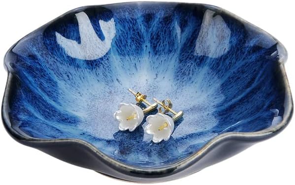Lotus Leaf Shape Decorative Ring Tray, Small Key Bowl, Ceramic Trinket Tray Jewelry Dish Organizing Necklace Earrings, Home Decoration for Mom Best Friend Sister, Blue.