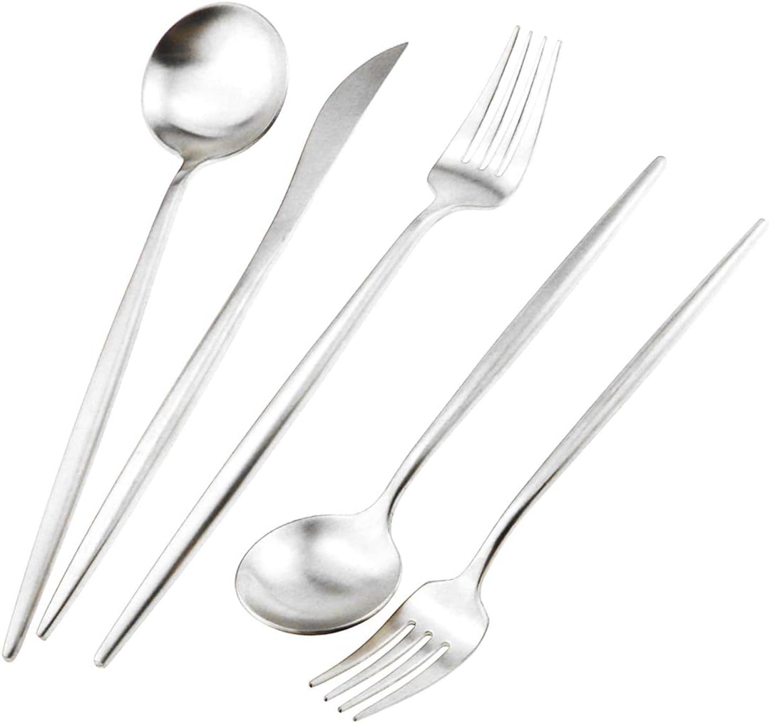 Gugrida Silver Flatware, Royal 20 Piece Luxury Matte Finish 18/10 Stainless Steel Tableware Sets for 4 Including Forks Spoons Knives, Camping Silverware Travel Utensils Set Cutlery (Silver)