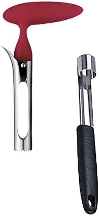 Apple Corer Lever Tool + Pear Pepper Poker Pusher by BRIGHT KITCHEN Stainless Steel Pear Fruit Seed Remover Cherry Red Grip with Serrated Blade