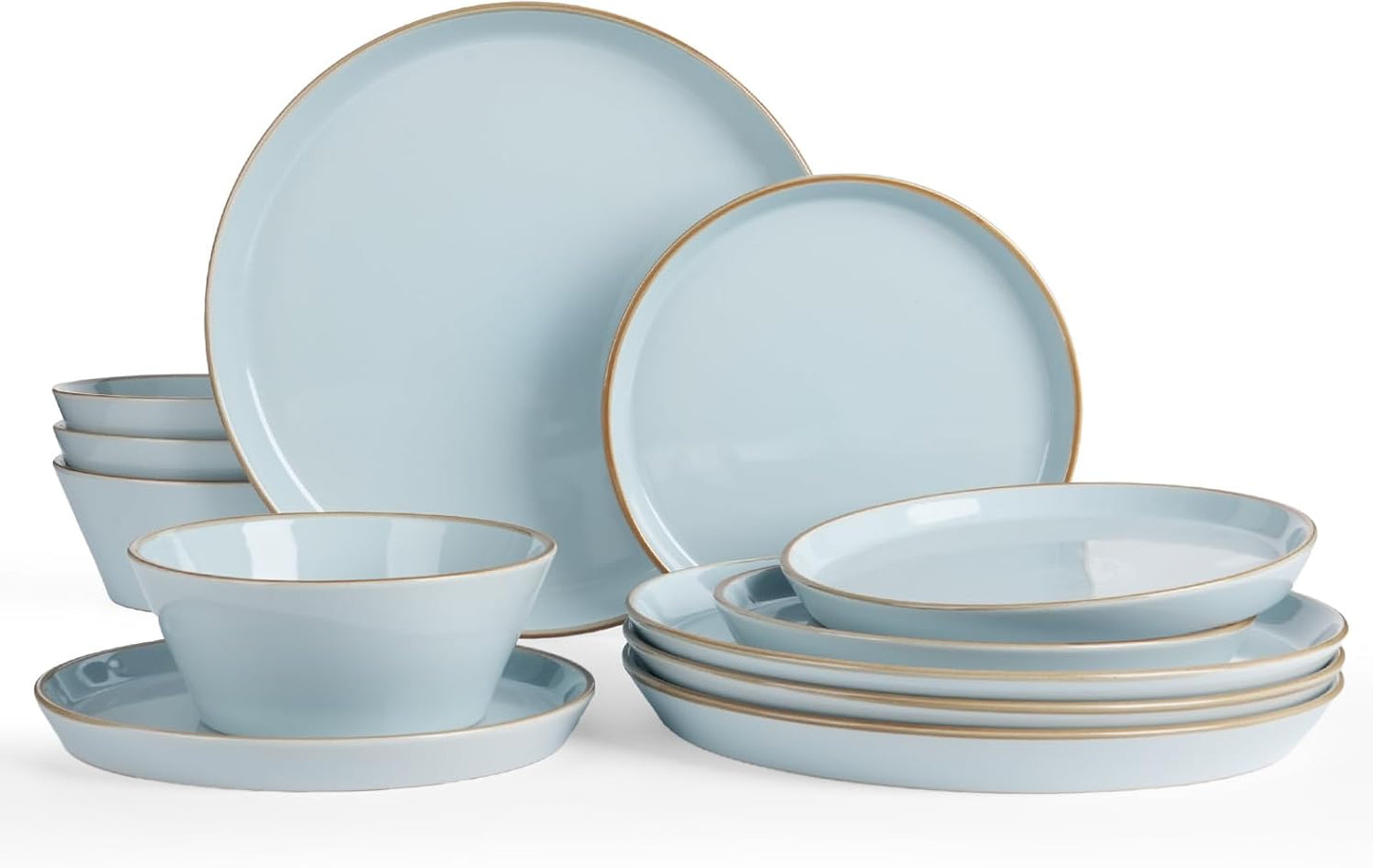 Famiware Saturn Dinnerware Sets, Plates and Bowls Sets for 4, 12 Pieces Stoneware Dish Set - Chip and Scratch Resistant, Microwave and Dishwasher Safe Tableware Set, Light Blue with Rim