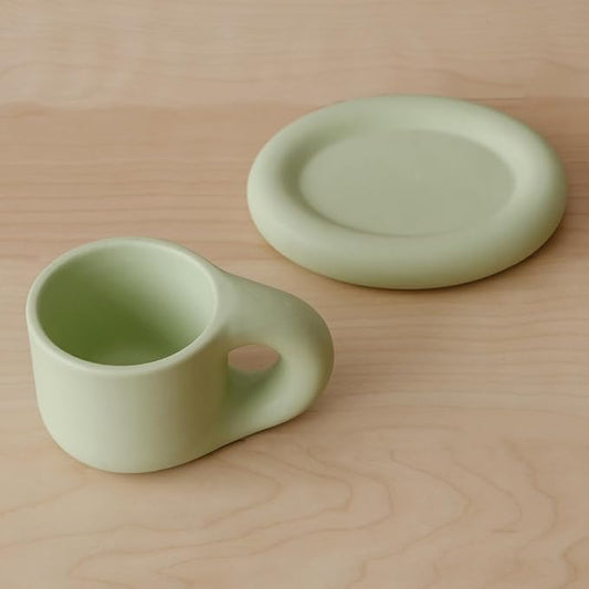 WENSHUO Chubby Funny Coffee Mug, Novelty Cute Cup and Saucer, Matte Crème, 9 oz (Mint Green)