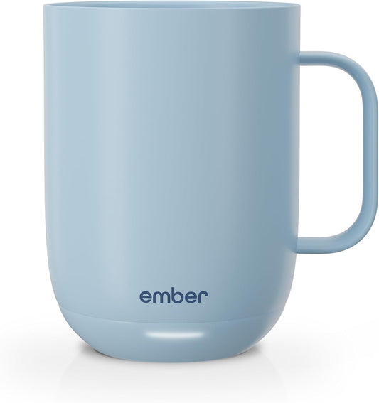Ember Temperature Control 14oz Smart Mug 2, App-Controlled and Rechargeable Heated Coffee Cup Warmer with Intelligent LED Display, Powder Blue