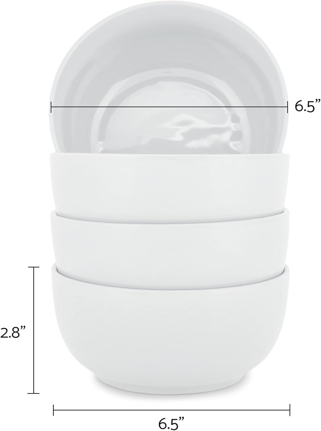 Elanze Designs Bistro Glossy Ceramic 6.5 inch Dinnerware Bowls Set of 4 - Perfect for Everyday uses from Soup, Pasta, Salad, Cereal, Ice cream, Ramen and Pho, White